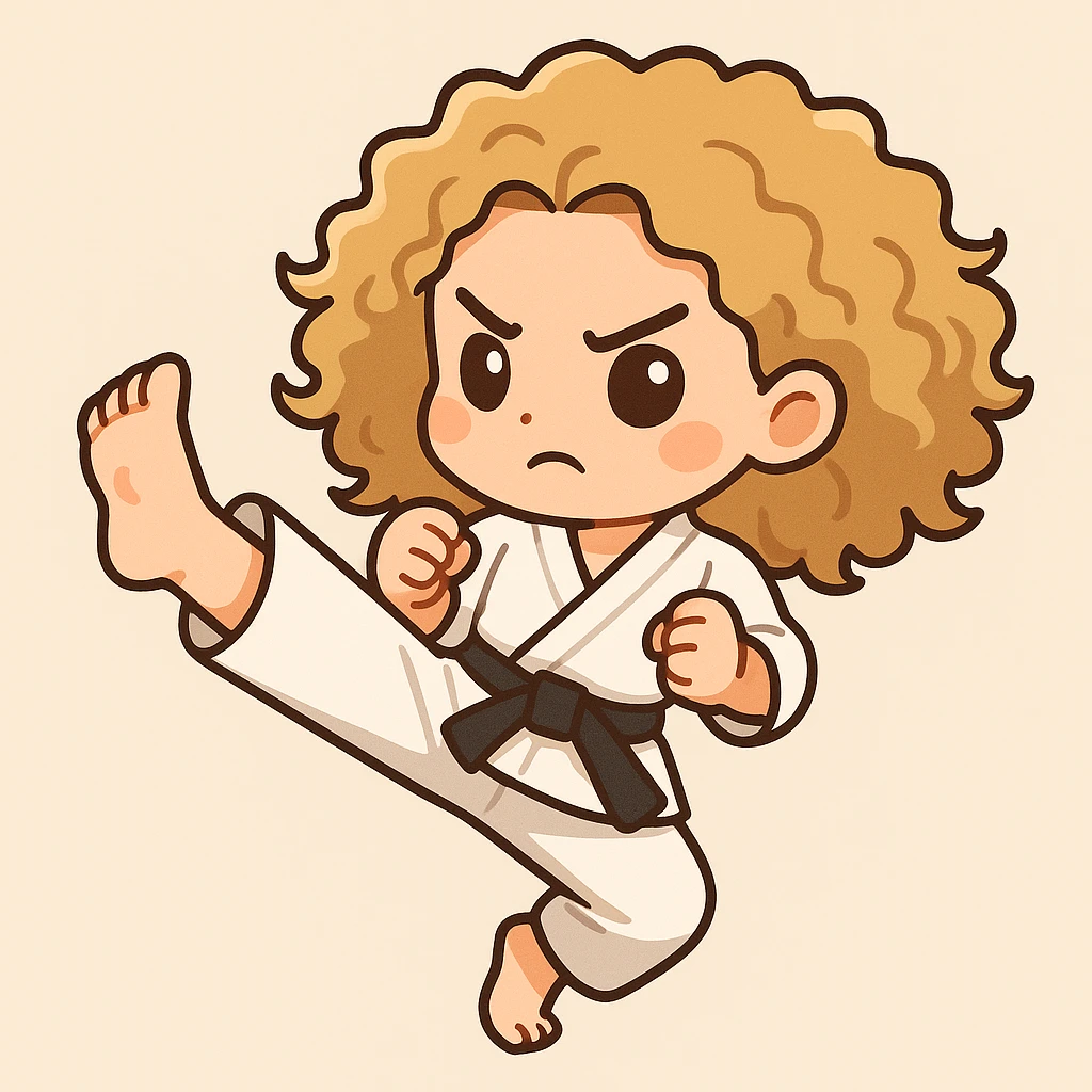 Full length shot of a blonde curly haired woman doing a karate kick, cartoon emoji style with a simple background, in chibi stickers style. emoji