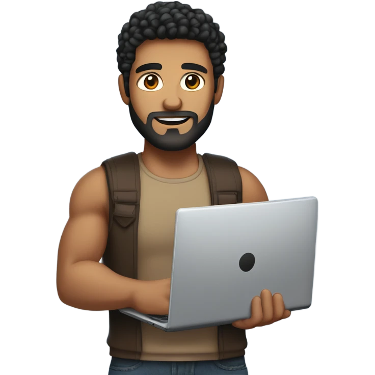 men holding his computer in hands. light brown skin men with curly black hair, dark brown eyes, little grown beard. just a tiny bit muscular. dressed casual. round face. emoji