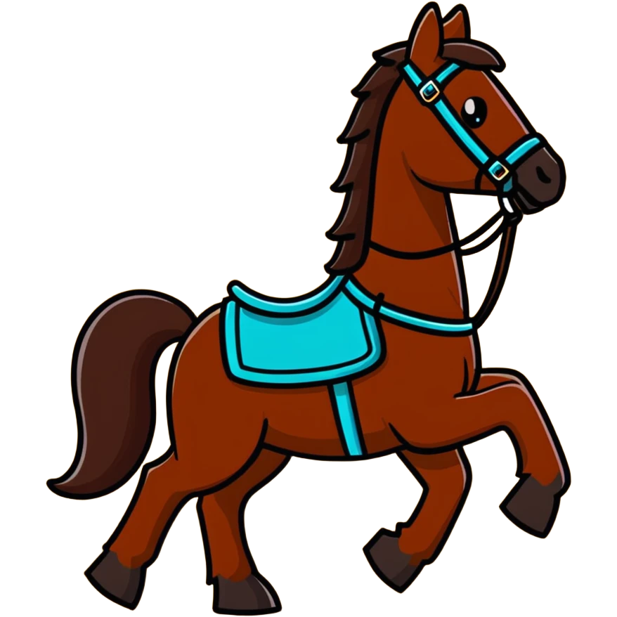 Dark chestnut horse with turquoise western tack full body standing still emoji