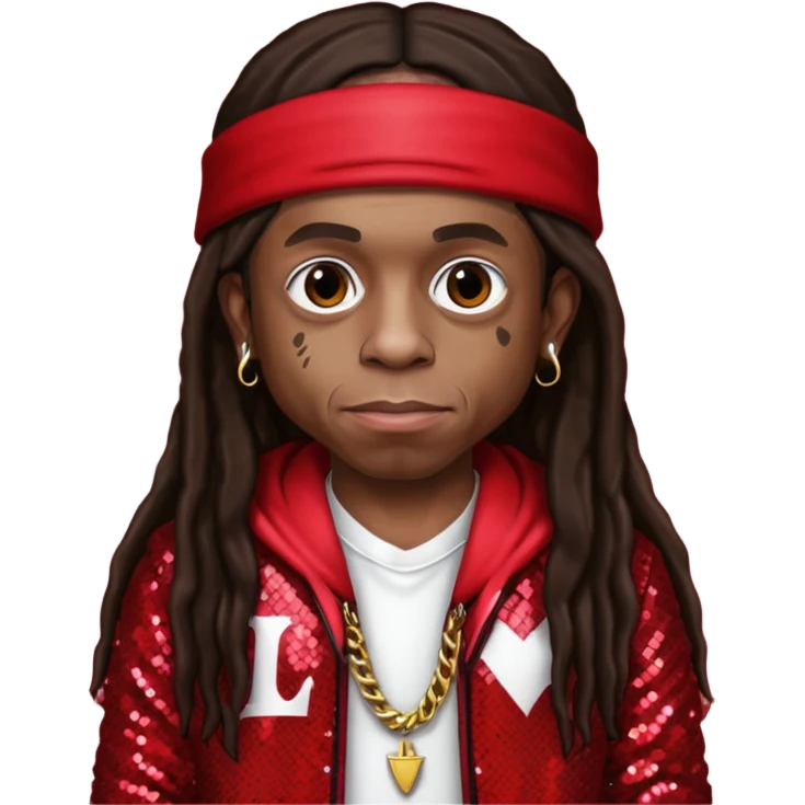 Lil Wayne with long dark brown hair, red sequin outfit emoji