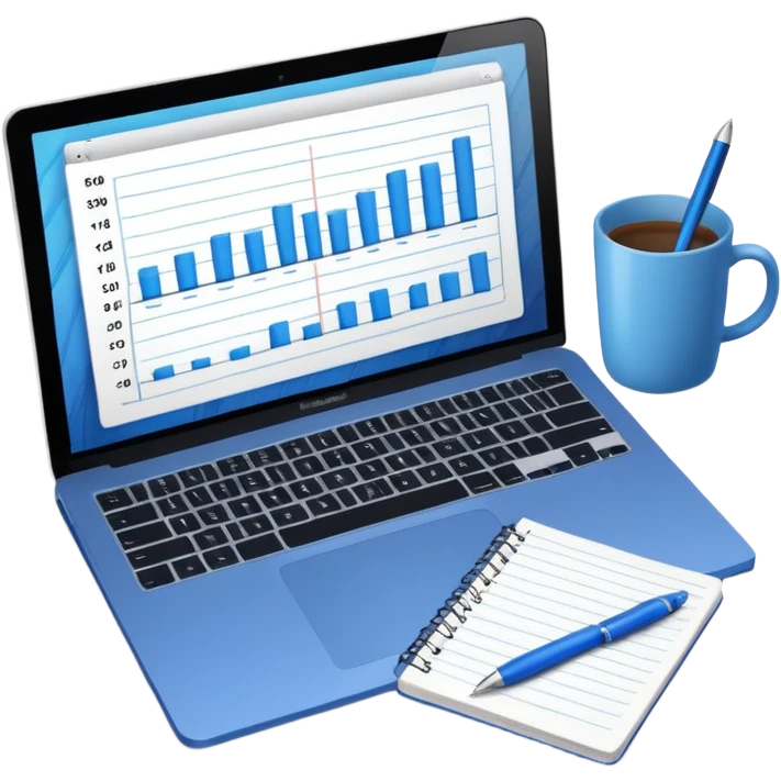 top view of a MacBook and a notebook with a pen nearby, notebook pages filled with handwritten bar charts, blue notebook emoji