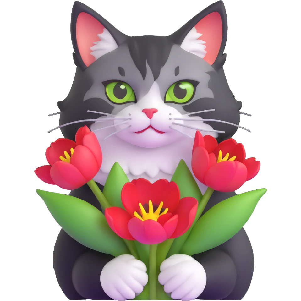 tricolor fluffy cat with big green eyes holding red tulips in her arms emoji