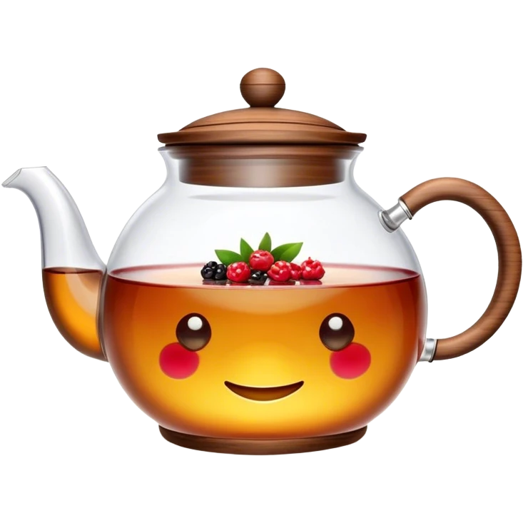 Cinematic realistic emoji with an attractive image of a transparent teapot with a realistic wooden lid filled with tea with berries, rich texture, without unnecessary decoration emoji