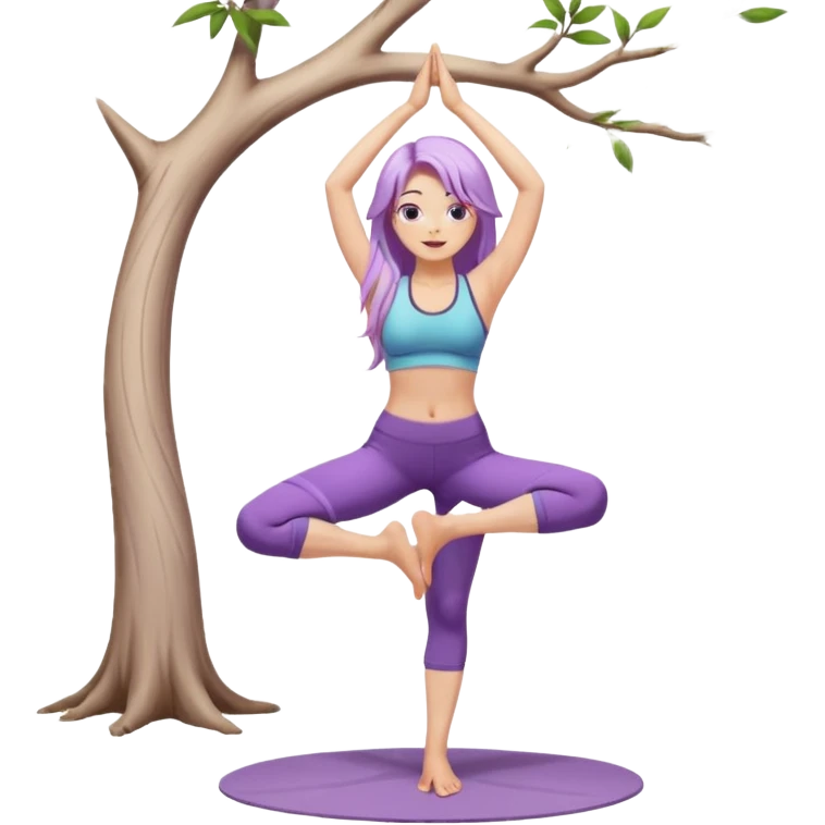 Девушка белокожая, с длинными светло-фиолетовыми волосами, в одежде для йоги, стоит в позе дерева на одной ноге, вторая нога согнута, руки вверху ладонь к ладони, в стиле бимбо пилатес, без лишних конечностей, без деревьев на фоне emoji