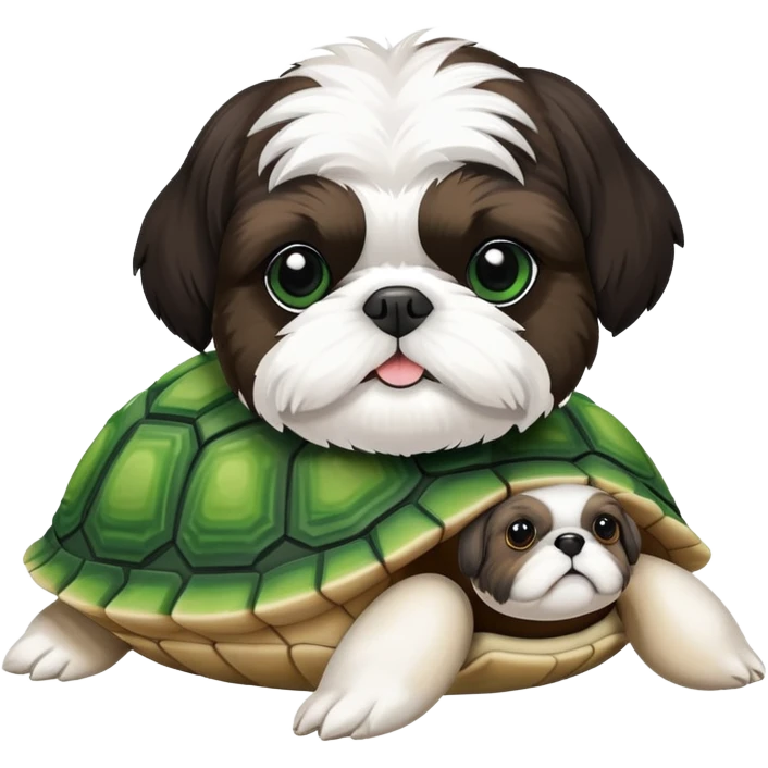Black and white shih Tzu on a green turtle plushie emoji