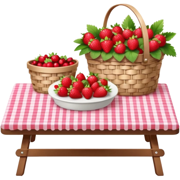  A cute picnic table with Gingham plaid print table cloth, with a small basket of strawberries, cherries, pink flowers, hyperrealistic, still life. 4k hd professional quality  emoji