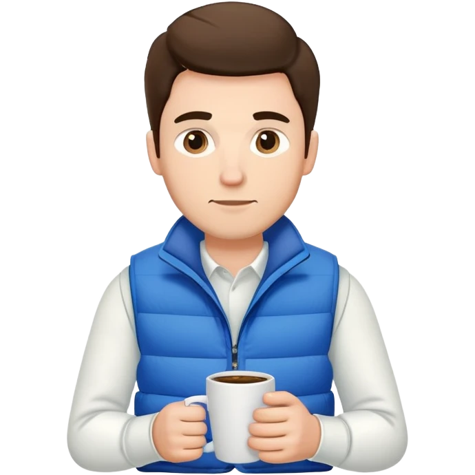 man with white long sleeve shirt and blue puffy winter vest with no pockets holding a coffee mug in front of him and nothing in his other hand emoji