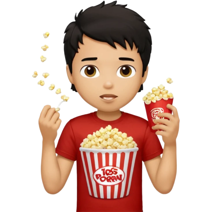 generate a pretty tan bratz boy with a brown tshirt on. eating popcorn. messy black hair emoji