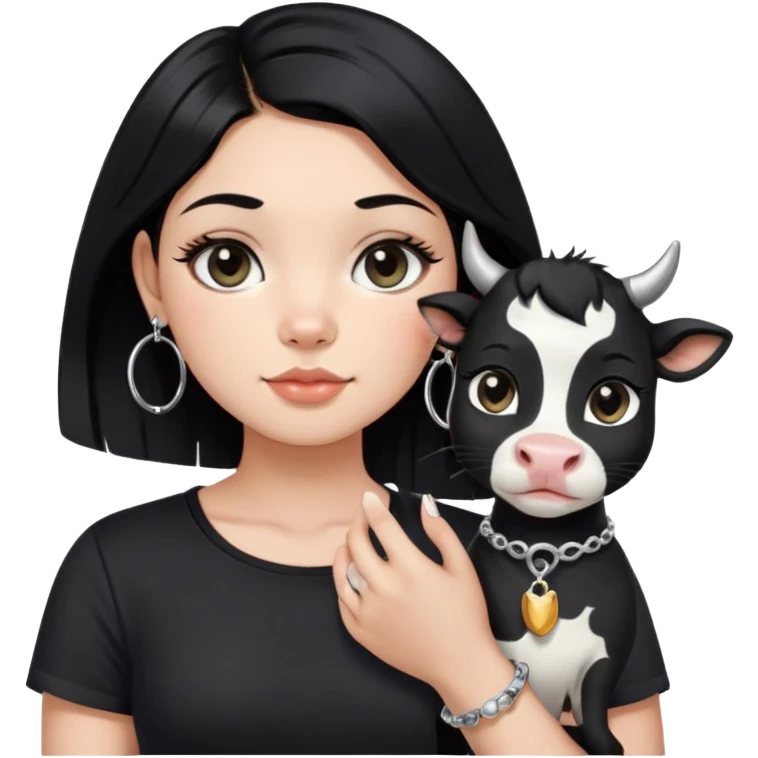 A girl with long straight black hair has upward-slanting eyeliner. She is wearing large silver hoop earrings, a black short-sleeved shirt, and a bracelet on her left hand. She is holding a cow cat with a black face  emoji