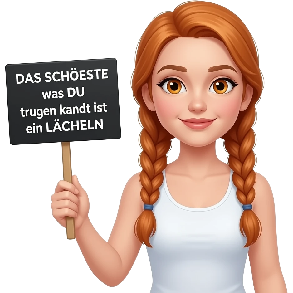 sexy girl with long ginger braids and ginger eyes wearing a white tanktop is holding a black sign with DAS SCHÖNSTE was DU tragen kannst ist ein LÄCHELN written on it emoji