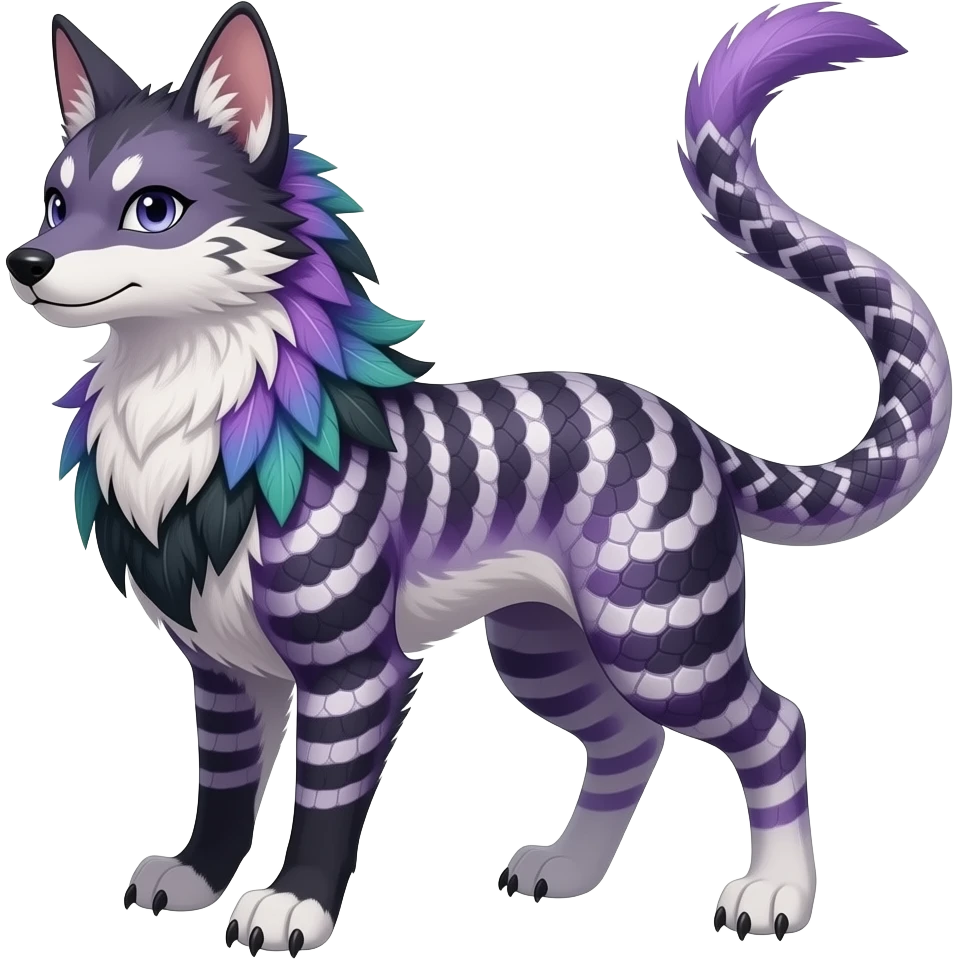 Thylacine-stripe-patterned majestic feathery elegant realistic stylish Furry, feathery fluffy tropical flecked painted feathery scaly, Purple, white, black, Minccino-Bambino-Lykoi-Linoone-Zangoose-fusion-hybrid-animal-Fakémon-creature, full body, thin long sleek scaly tail, intricate markings emoji