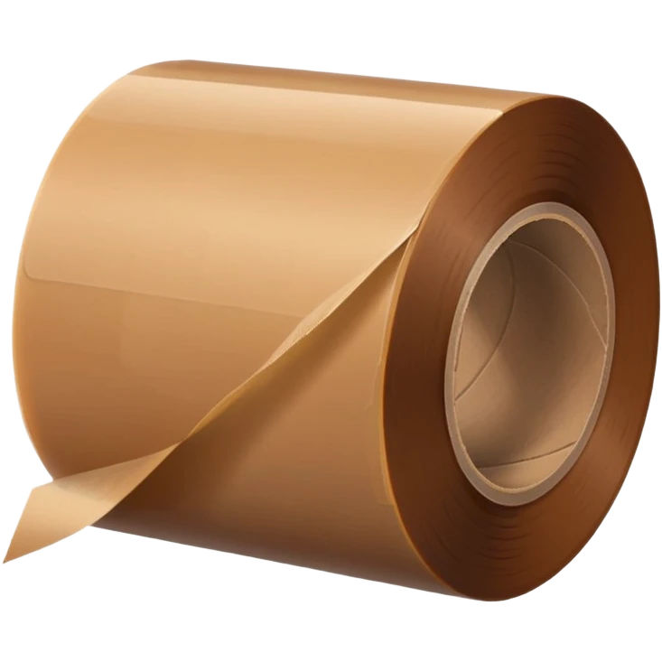 wide roll of brown packing tape with glossy semi-transparent surface and thick cardboard core, one end slightly peeled back, angled for depth, no box or dispenser, apple emoji style, soft lighting, subtle shadows, emoji scale emoji