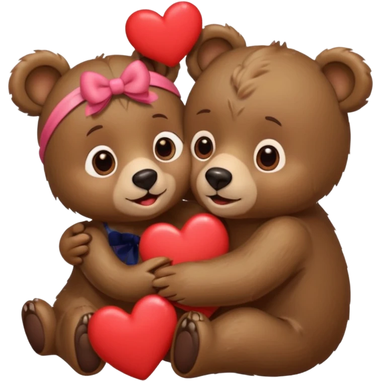 female bear with bow on her head and male bear hugging, couple, surrounded by hearts, playful and loving, cute emoji