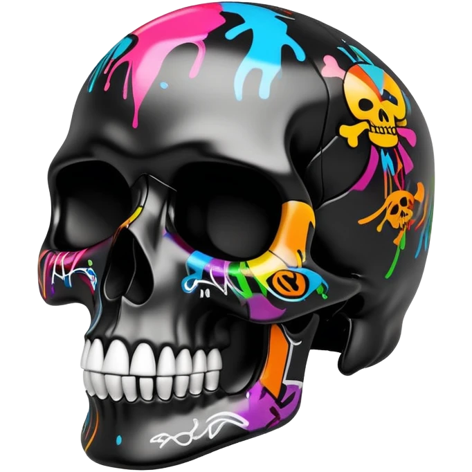 glossy black skull with colorful graffiti designs and fashion logos precisely contained inside the skull contours, three-quarter view emoji