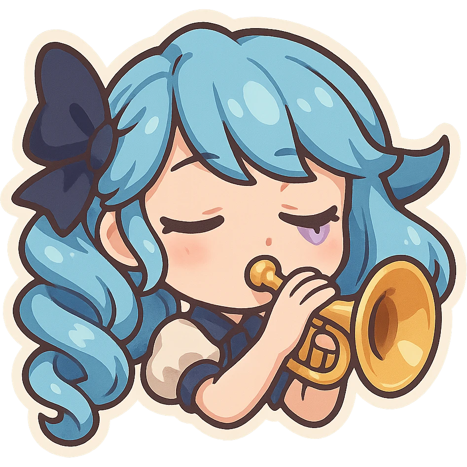 chibi style emote of Gwen from League of Legends, just the head, right eye purple, playing a trumpet, eyes closed emoji
