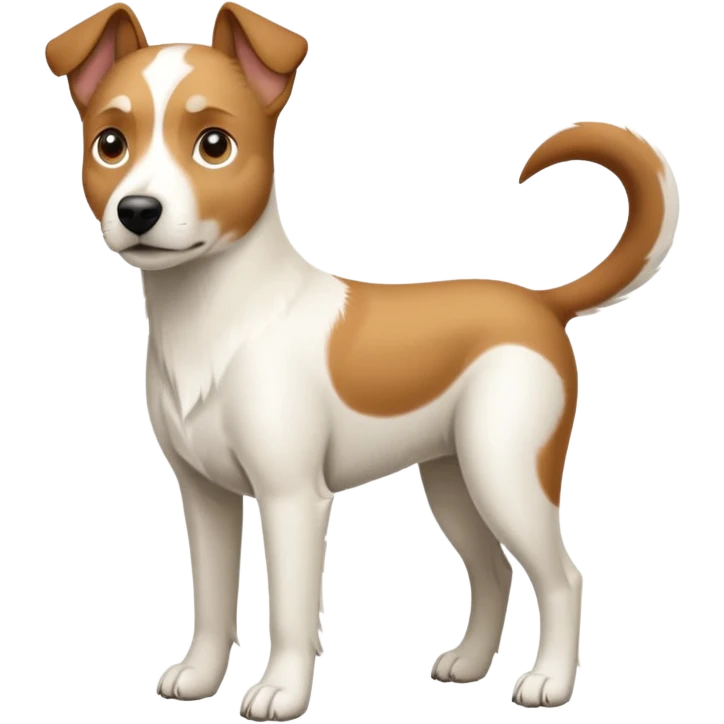 a full body large white parson russell looking dog the size of a kelpie with light brown flapped down ears and a light brown patch on one eye and a large snout emoji