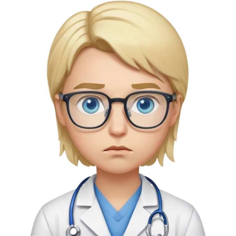 Young doctor with blonde hair, blue eyes, glasses, pouting emoji