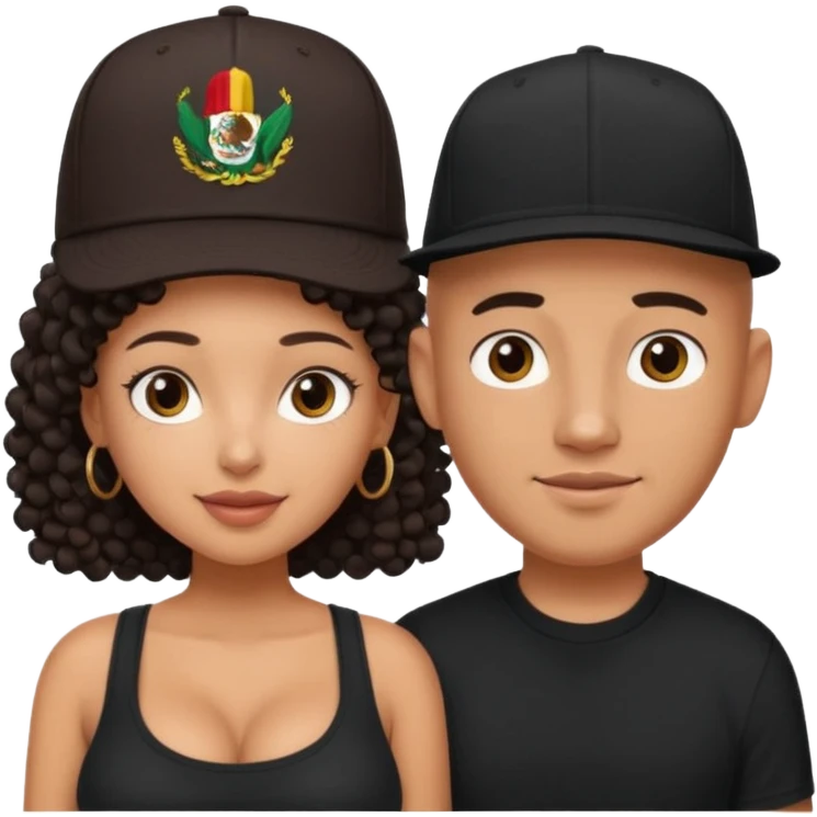 A picture of a cute tanned couple. the man is Mexican, with a bald hair cut wearing a SnapBack hat and a black shirt. the woman is mixed, she has curly longer dark brown hair,  no hat, and with big boobs  emoji