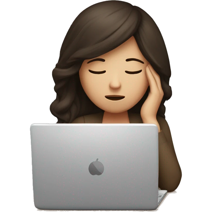 Tired brunette at a laptop with headache emoji