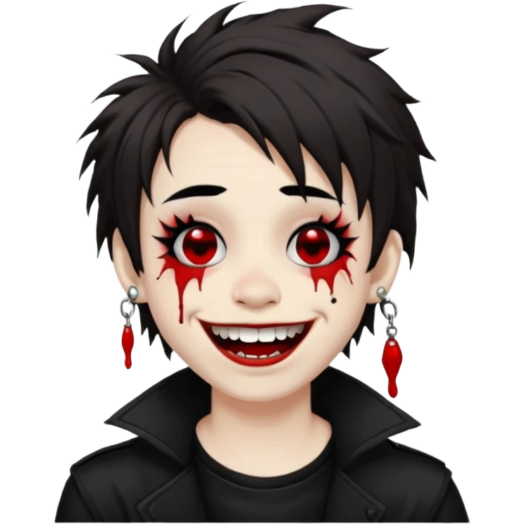Laughing pale Goth boy with a bunch of face piercings, with shaggy dark brown hair, and messy black eyeliner , smudged, red, lipstick  emoji