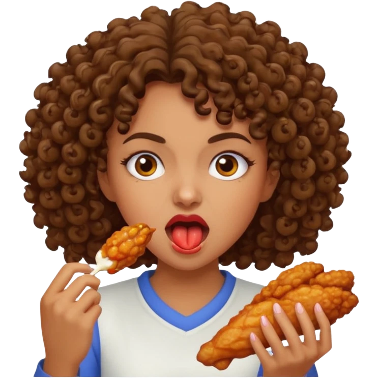 brunette curly haired girl eating a chicken wing while being mad emoji