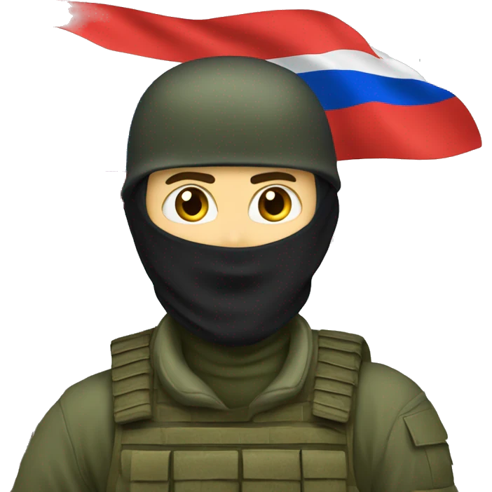 russian soldier with balaclava standing next to russian flag waving emoji
