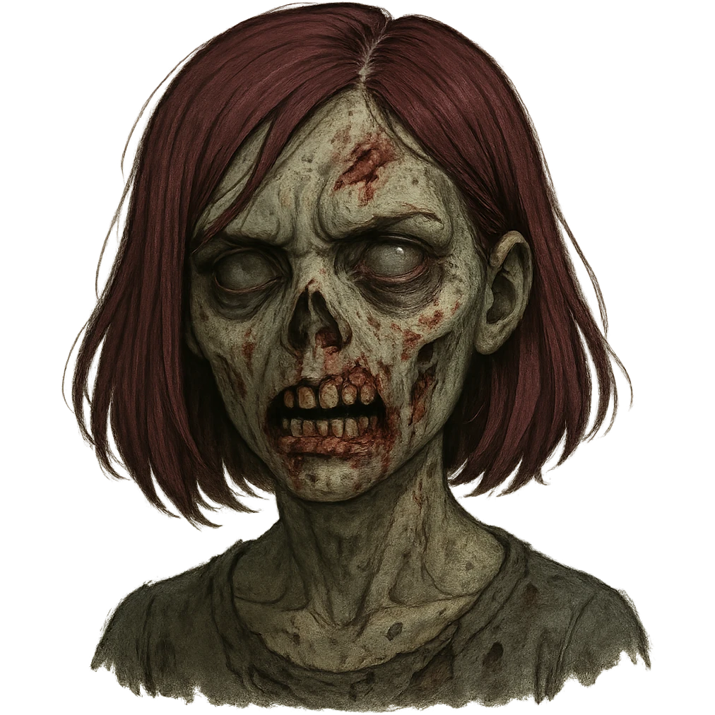undead girl with medium length straight burgundy hair, eyebrow slit, zombie expression emoji
