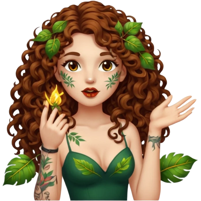 full body view of a woman with long curly brown hair, brown eyes, white skin, tattoos, blowing a glowing kiss made of leaves and sparks emoji
