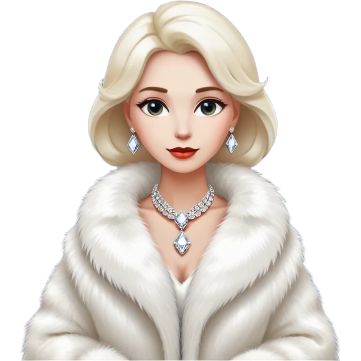 * Character: A stylish lady
* ﻿﻿Clothing: A luxurious white fur coat
* ﻿﻿Accessories: A dazzling diamond necklace
* ﻿﻿Expression: Confident, elegant, maybe slightly glamorous
* ﻿﻿Pose: Head slightly tilted or a poised posture
* ﻿﻿Style: Emoji-like, simple but expressive
 emoji