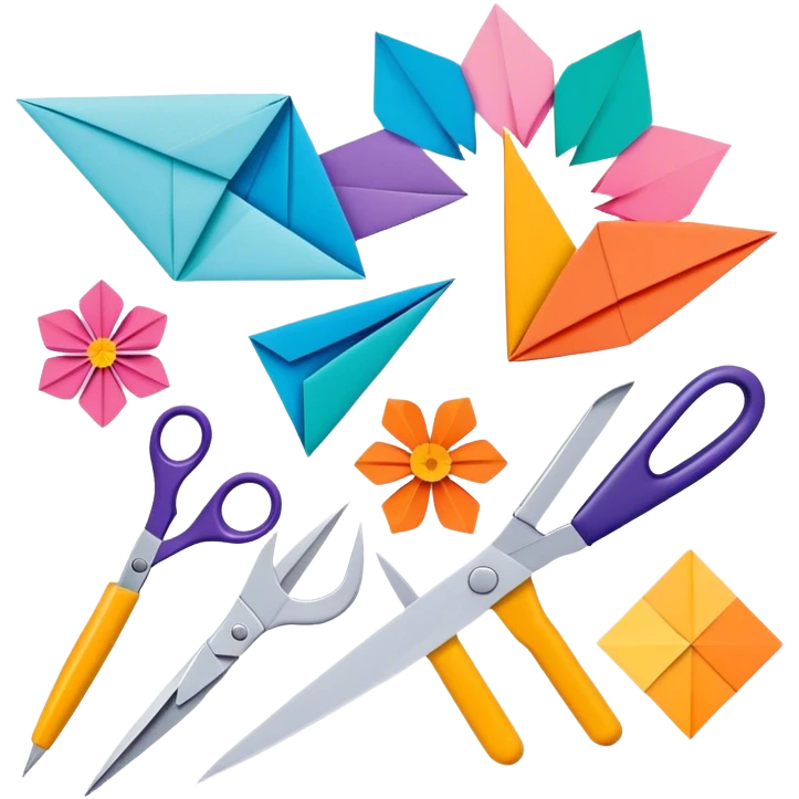 "Paper crafting icon, various paper crafts like origami, paper flowers, and scrapbooking materials, visible tools such as scissors, glue stick, and paper sheets, colorful paper patterns, minimalistic style, clean lines, transparent background." emoji