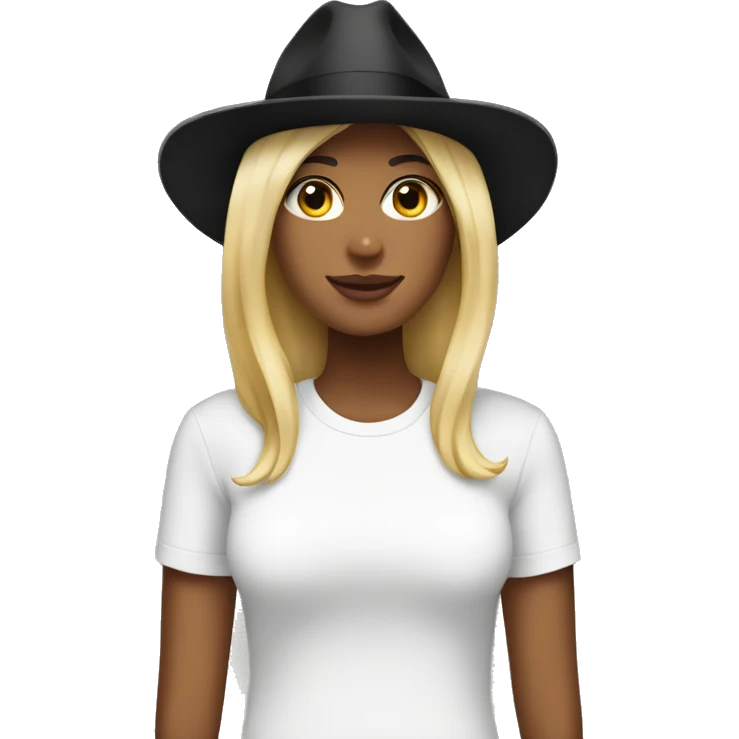 blonde woman wearing an oversized white tshirt and black fedora emoji