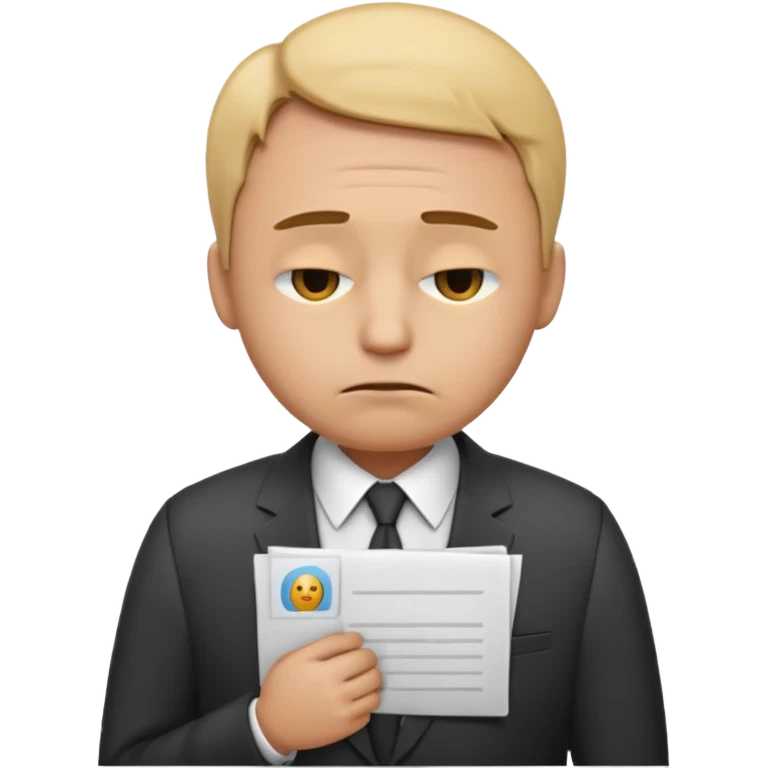 emoji character wearing a suit. face has a very sad, disappointed expression with drooping eyebrows and half-closed eyes. posture is dejected, with slumped shoulders just rejected from his interview to get a job, holding cv emoji