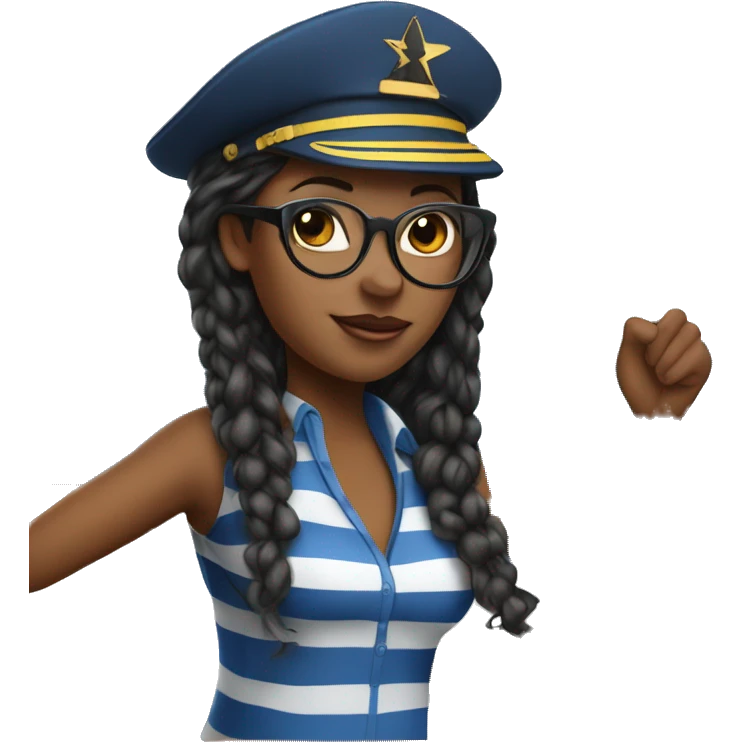An african american woman at the wheel of a sailboat an bule and white striped shirt with black glasses and a star on her captain's hat. emoji