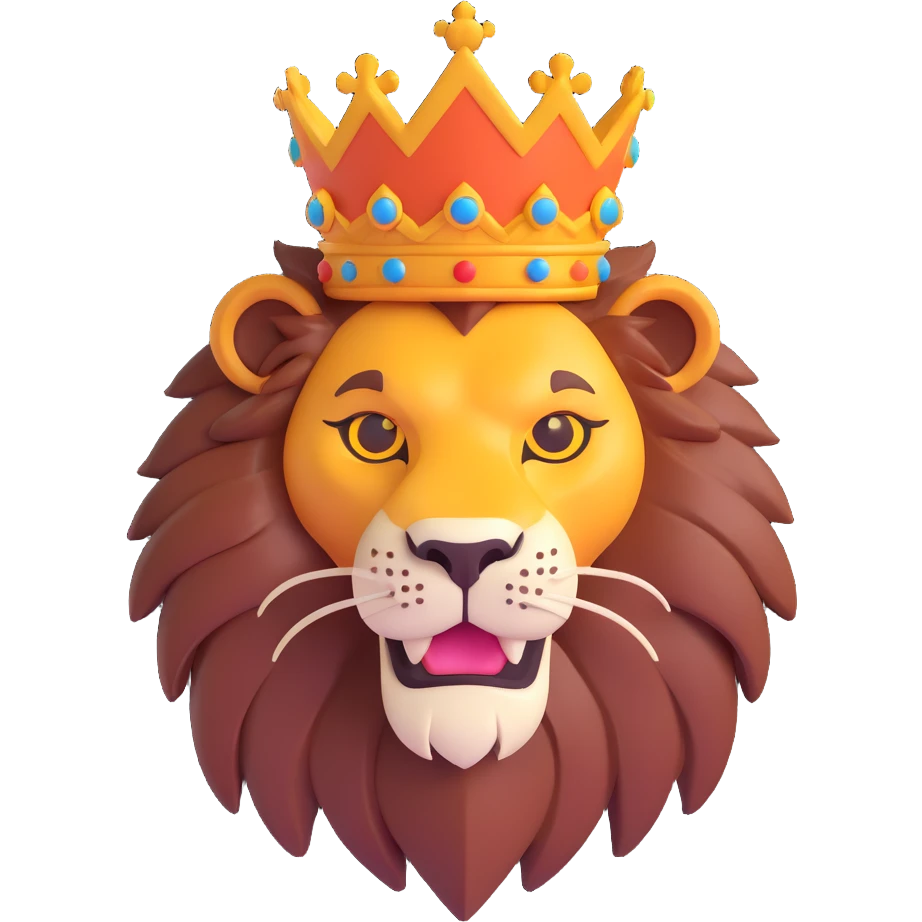 3D style lion head with a crown, stylized, bold features emoji