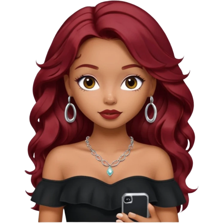 a pretty bratz girl with wavy dark red hair, wearing a black off shoulder top . silver dainty layered necklaces, carrying an iphone emoji