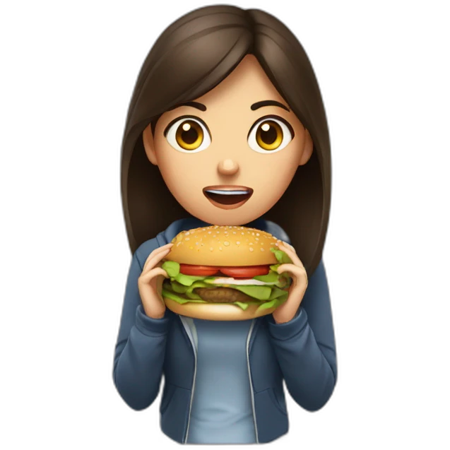 Brunette girl angry from studying decides to eat a burger emoji
