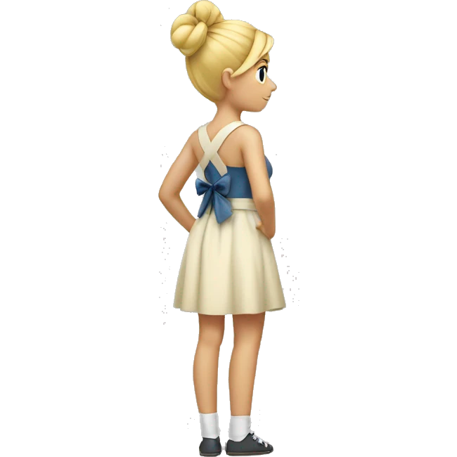 blonde girl standing backwards with a bow on her head emoji