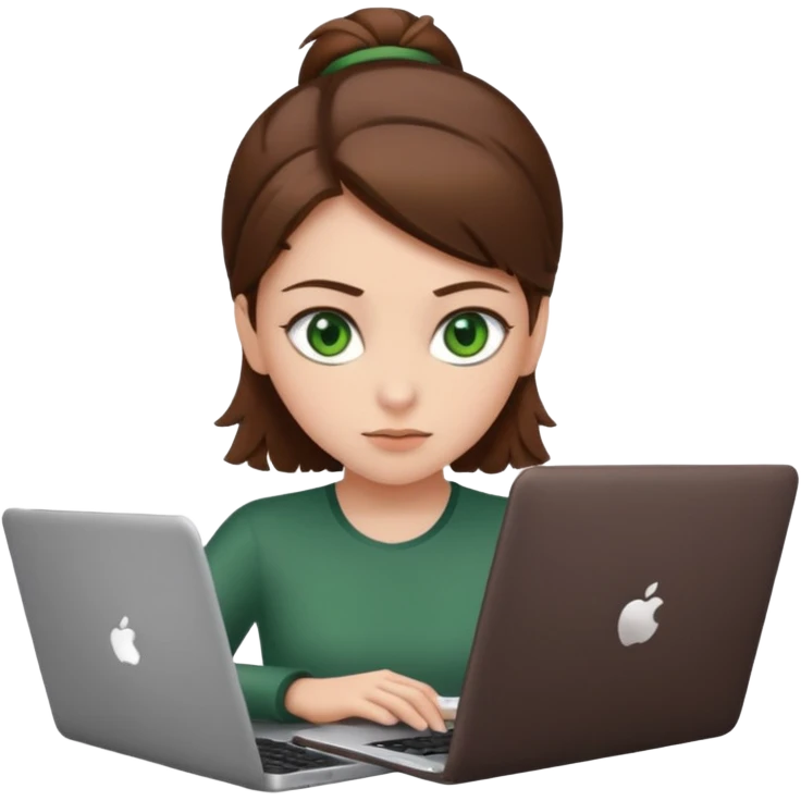 fată cu ochi verzi și păr șaten strâns în partea din spate a capului, lucrând pe un laptop emoji