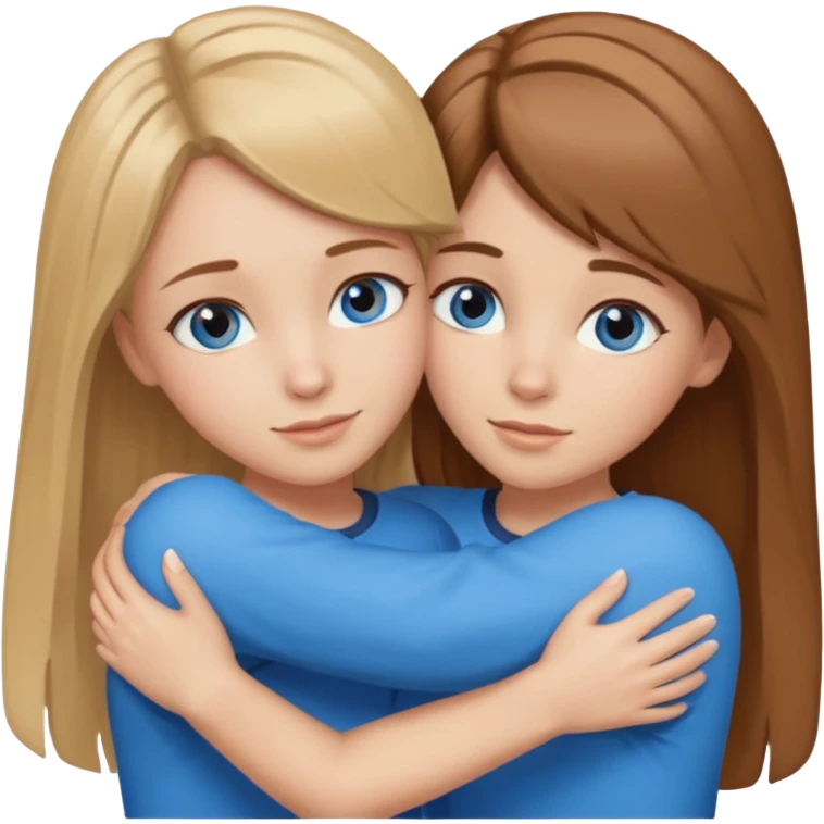 two Girls, Brown and Blonde hair, with Blue Eyes hugging one has Brown hair emoji
