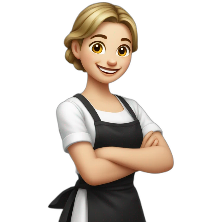 Slavic girl in a white T-shirt and black apron shows class with her thumb and laughs emoji