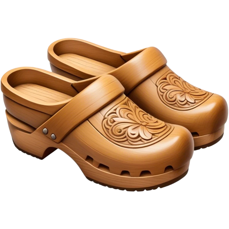 Cinematic Realistic Wooden Clogs Emoji, depicted as a pair of traditionally carved wooden clogs with intricate details and rustic charm. emoji