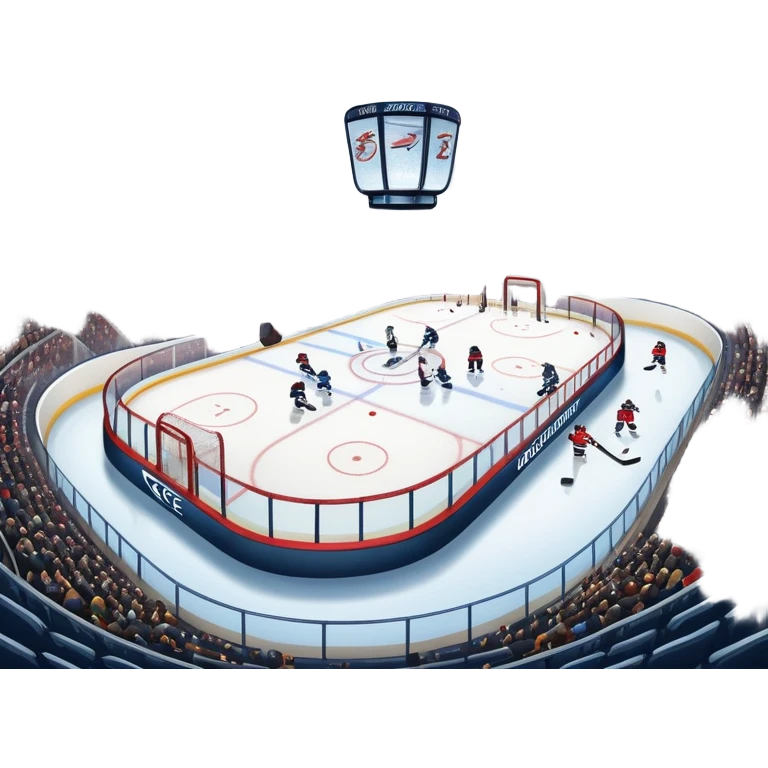 Please, make An icon featuring close-up shots of key hockey equipment: a hockey stick, puck, and skates. The background shows a packed stadium with cheering fans, bright arena lights, and an icy rink. Transparent background highlights the essentials of the game and the thrill of the sport. emoji