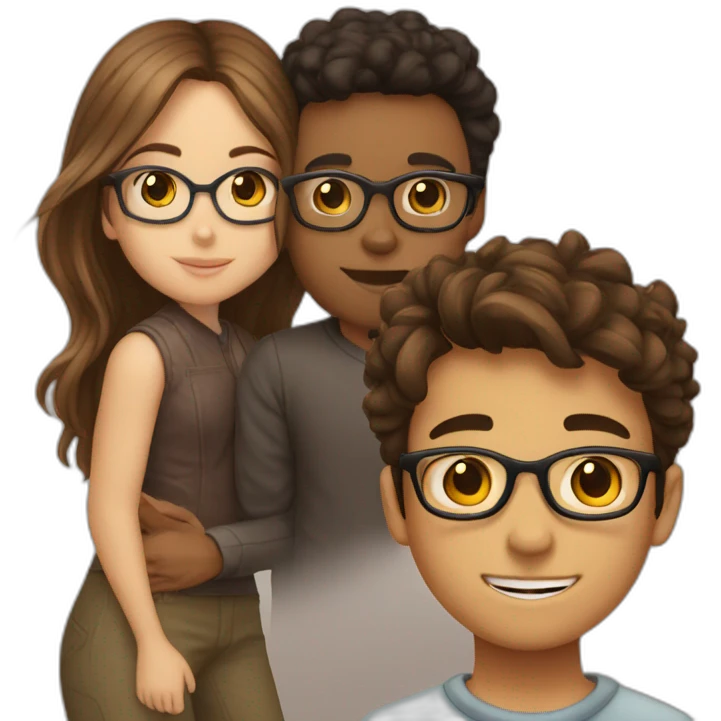 a brown short haired boy with glasses and brown long haired girl kissed emoji