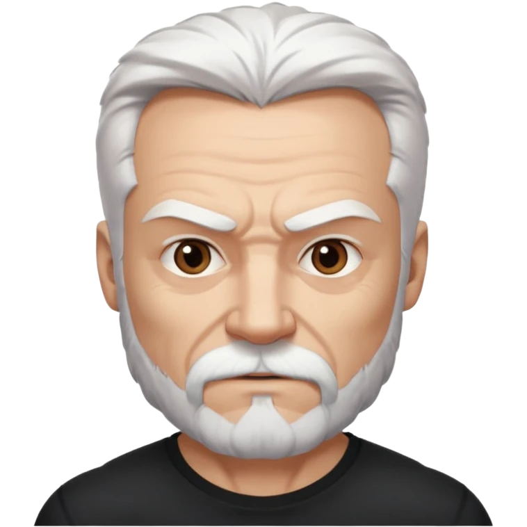 White haired muscled adult man with a black t-shirt. He has white beard with a long goatee. Dark brown eyes and some wrinkles. Attractive, Wolverine vibes. emoji
