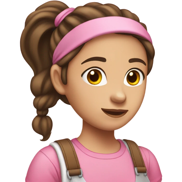 A white skin woman with brown hair in pony tail wearing pink headband, pink t shirt and overalls  emoji
