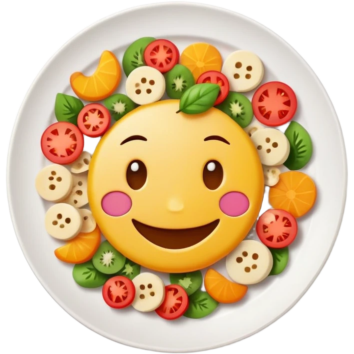plate with small pieces of food and a smiling face, clear and cute emoji