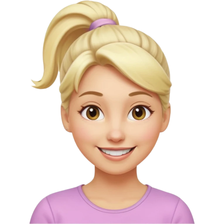 A playful blonde female mature realistic character with wide, mischievous eyes, smiling, ponytail, dynamic pose suggesting movement, pastel colors, minimalistic and cute emoji style. emoji