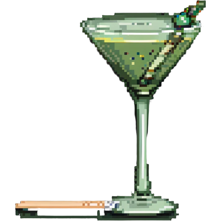 simple martini glass with colorless liquid, just showing glass outline with minimal liquid representation, green olive on toothpick at bottom emoji