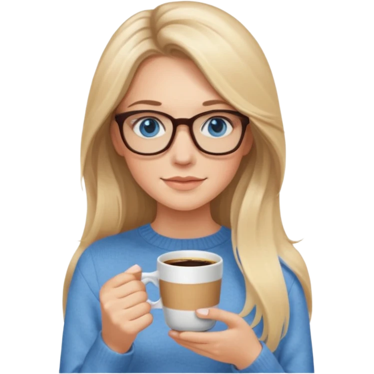 Blonde balayage long hair white women beige sweater blue eyes and small glasses holding coffee emoji