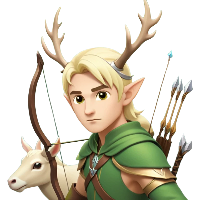 clash-of-clans-aesthetic-blond-male elf-archer-portrait-emoji, rendered in a flat, vector-style with minimal shading and bold holding his bow, simplified shapes, head tilted slightly forward with a determined, focused expression, riding a majestic white stag whose antlers glow with mystical energy, set against an ancient, enchanted forest backdrop. emoji
